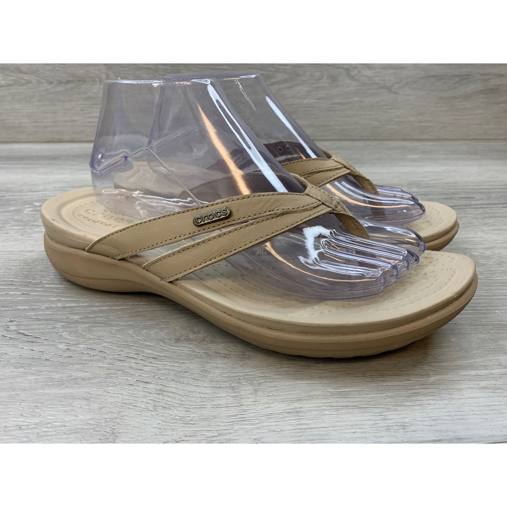 Crocs Monterey Strappy Wedge Sandals Women's 9 Tan Comfort Flip Flops Shoes